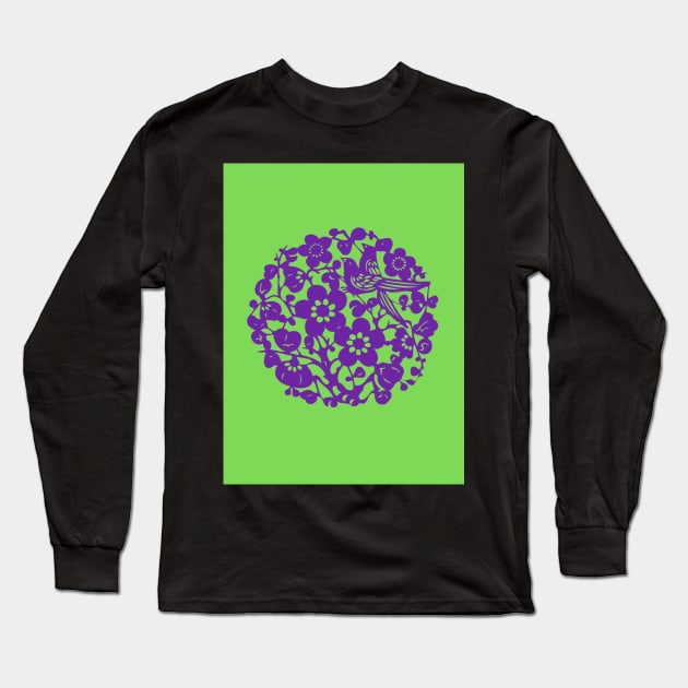 Traditional Chinese Paper Cutting Floral Pattern - Hong Kong Retro Vivid Lime Green with Purple Symbol Long Sleeve T-Shirt by CRAFTY BITCH